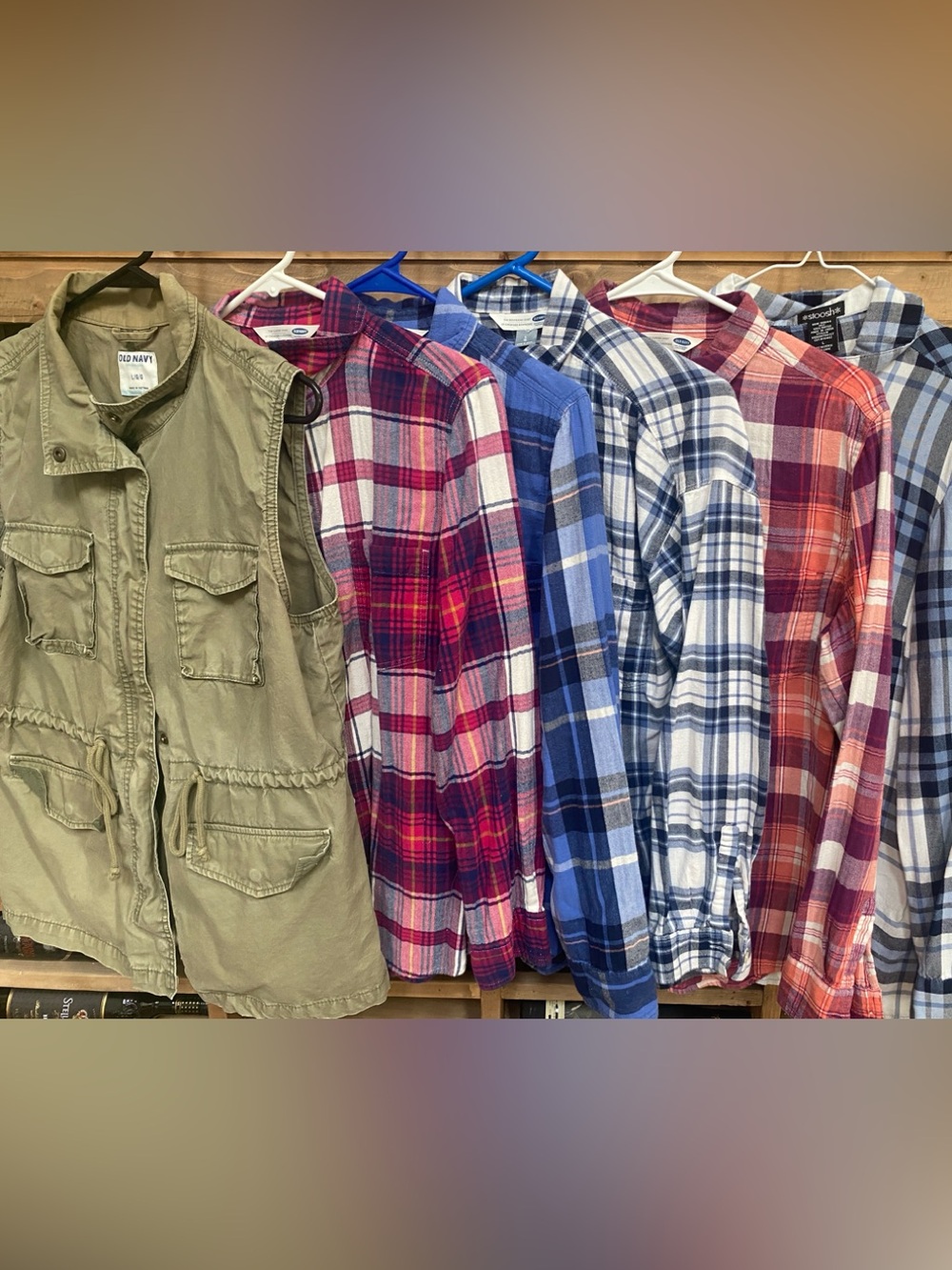 Huge lot 6 Old Navy Boyfriend Flannel & Cargo vest LARGE
